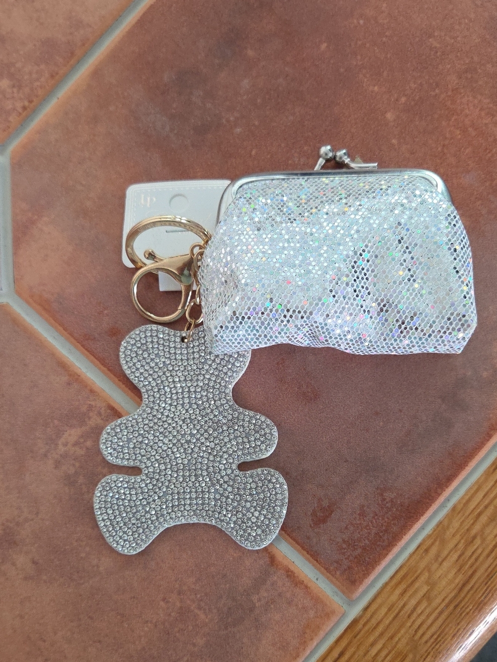 Sparkling Silver Rhinestone Bear Keychain with Glitter Coin Pouch